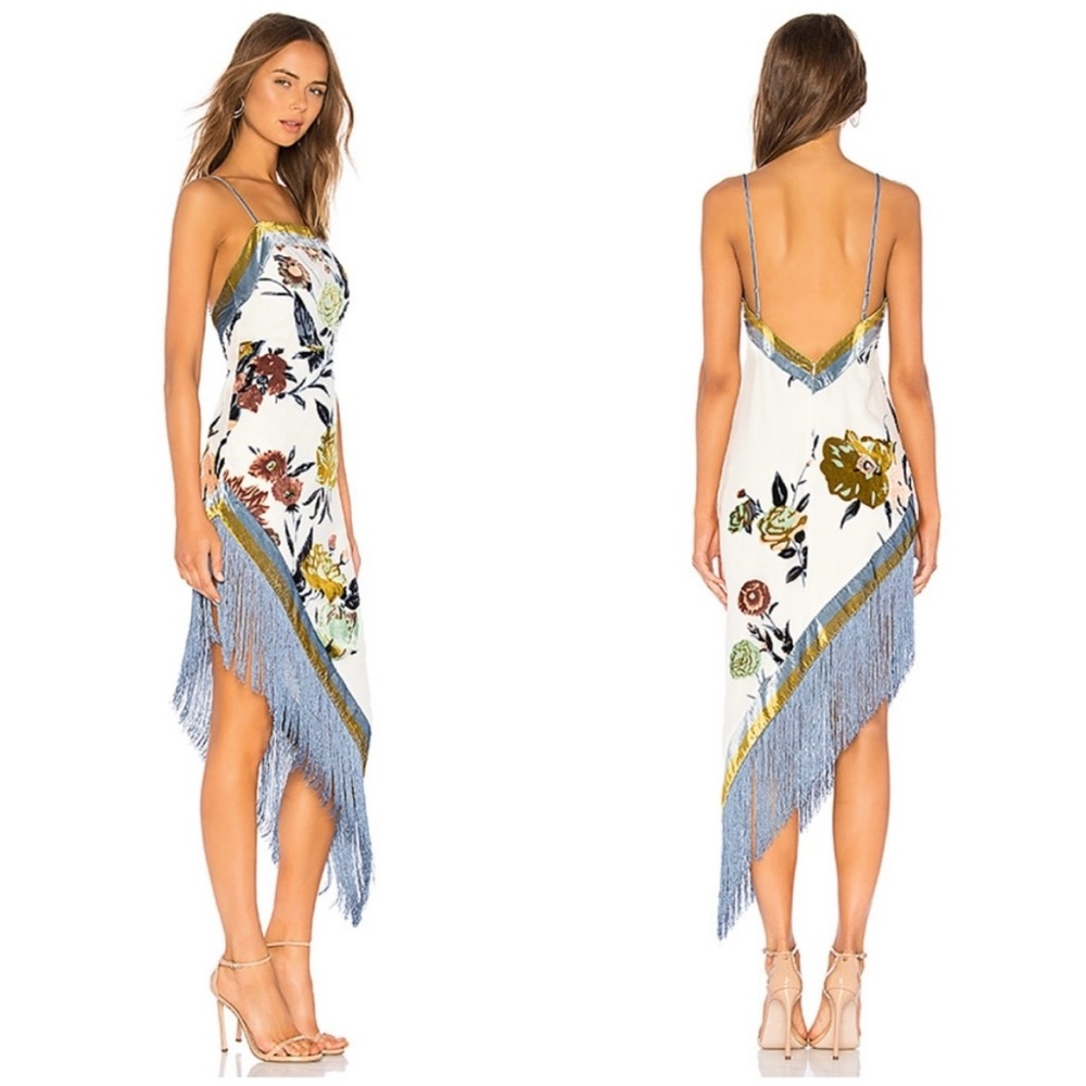 NBD White Floral Fringe Slip Dress with Blue Trim